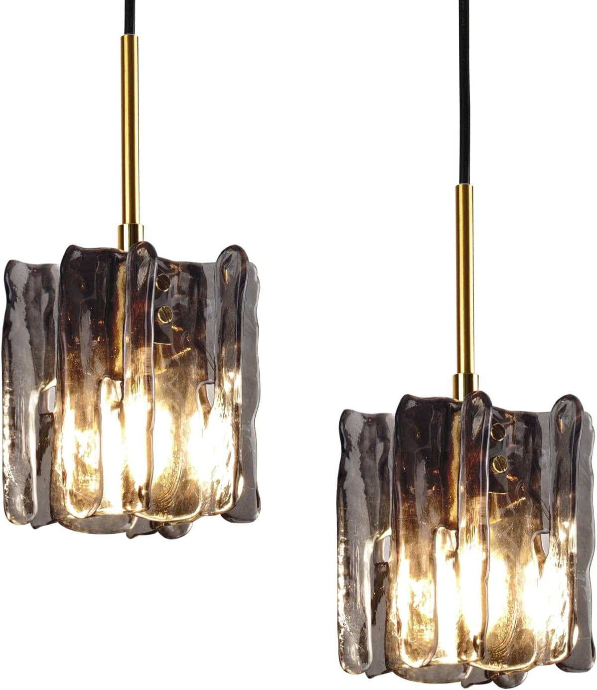 Modern Vintage Mid-Century Single Pendant Light, Mini Hanging Ice-Textured Glass Ceiling Light Fixture for Kitchen Island Lighting Over Dining Room, Bedroom, Bar Lamp (2 Pack)