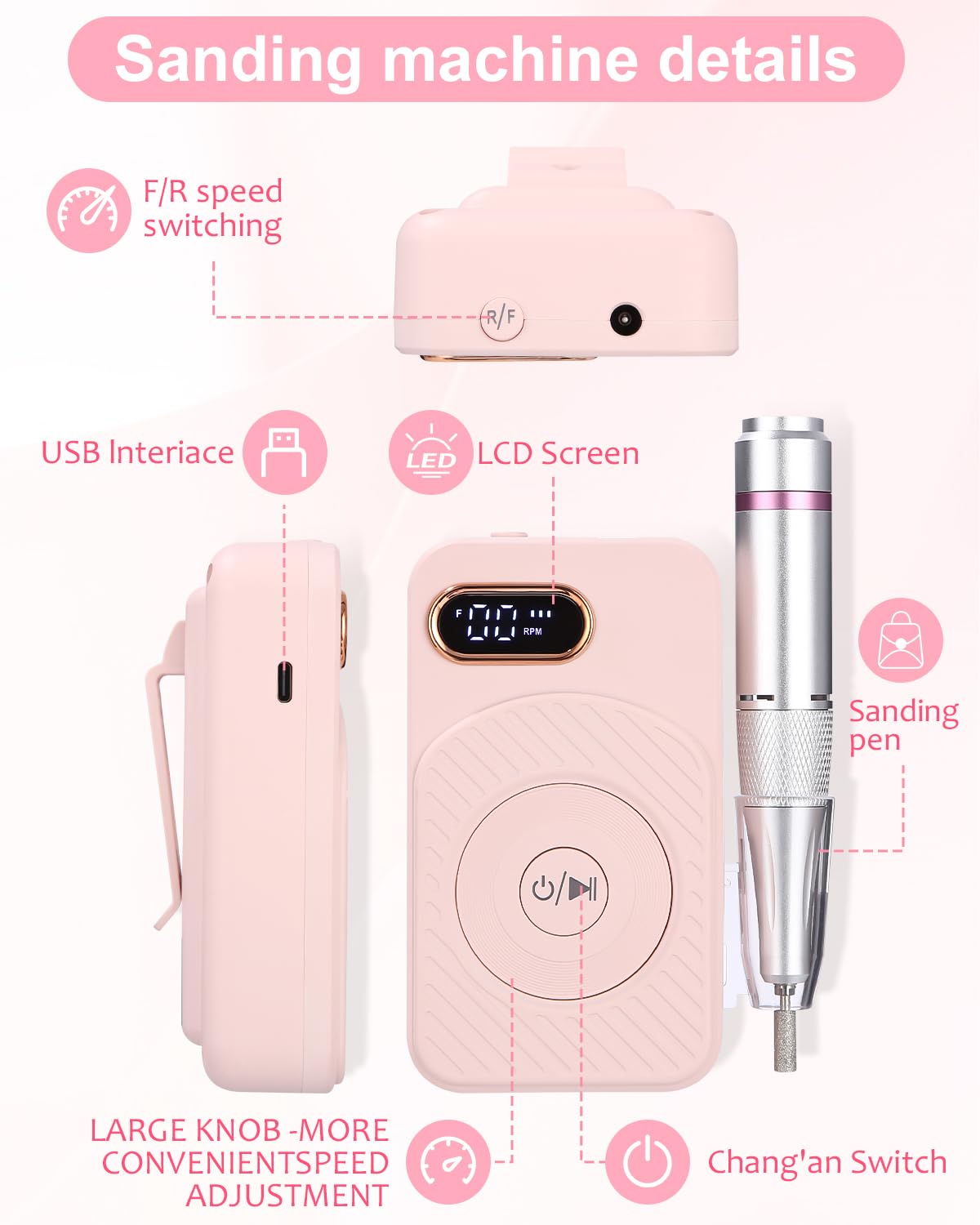 Ponceuse pour Ongles, 45000Rpm Lime a Ongle Electrique, Ponceuse Manucure, Ponceuse Ongle Semi Permanent, Ponceuse Ongle Portable pour Polissage, Enlèvement des CallositéS, Pedicure
