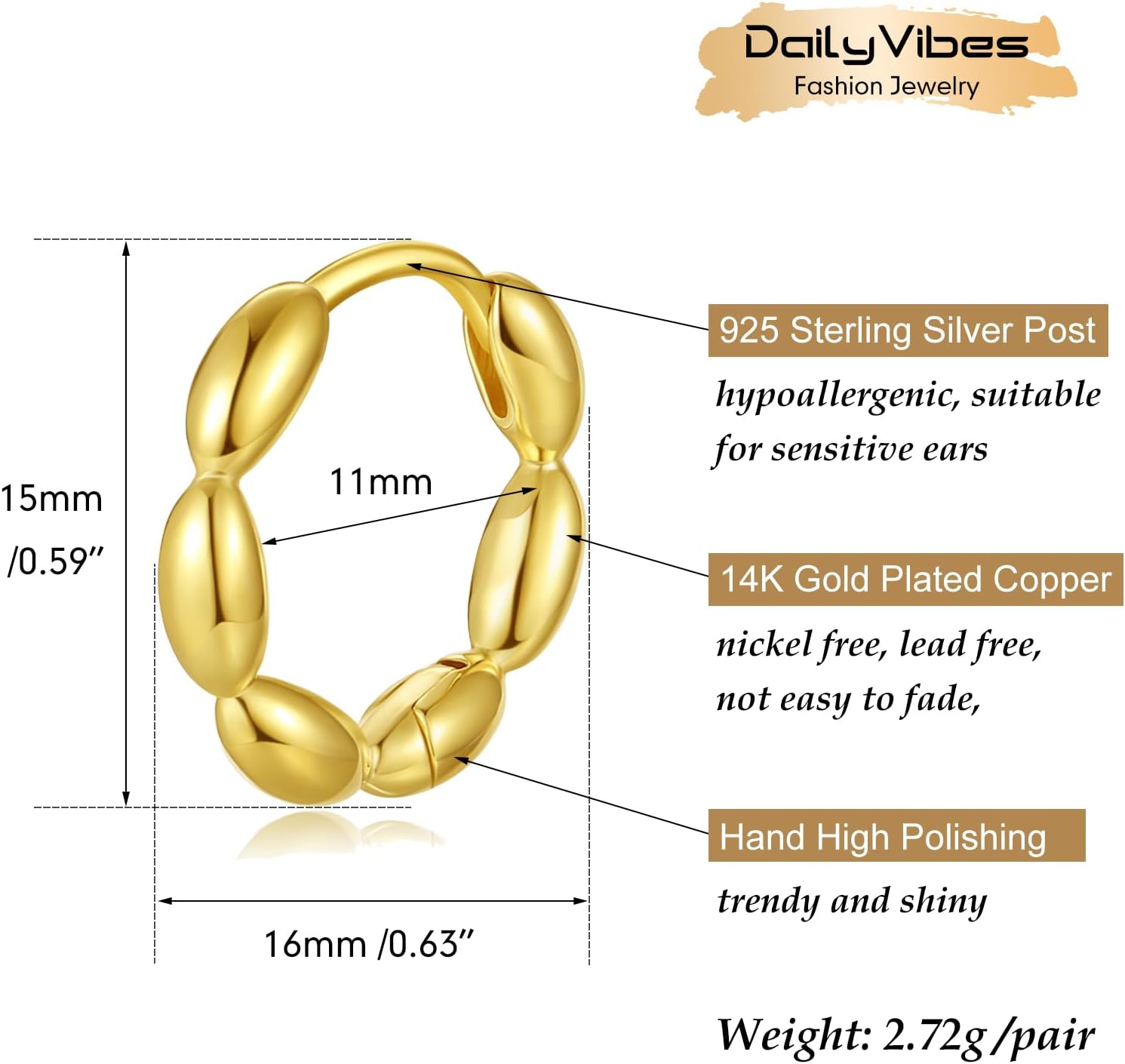 DAILY VIBES Gold Chunky Hoop Earrings for Women 14K Gold Plated 925 Sterling Silver Post Wide Huggie Hoop Earrings for Women Dainty Thick Small Hoops - Image 3