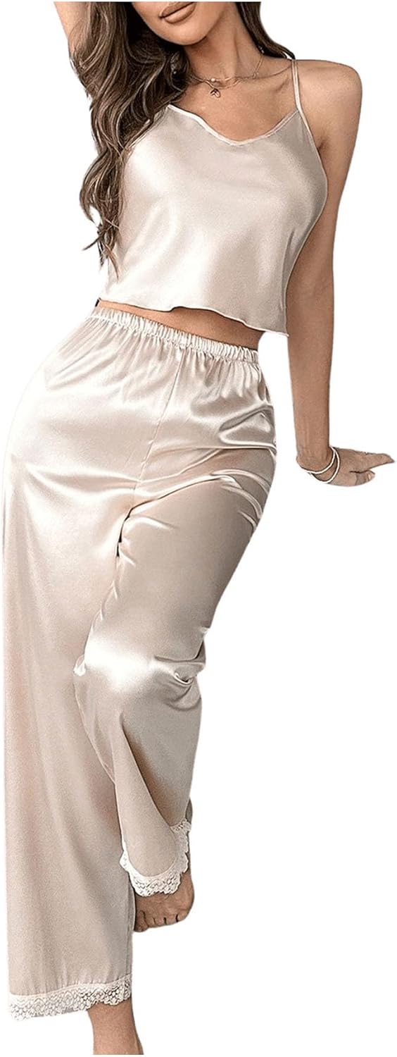 WDIRARA Women's 2 Piece Satin Pajama Set Lace Sleeveless Scoop Neck Cami Top and Pants Pj Sets Sleepwear