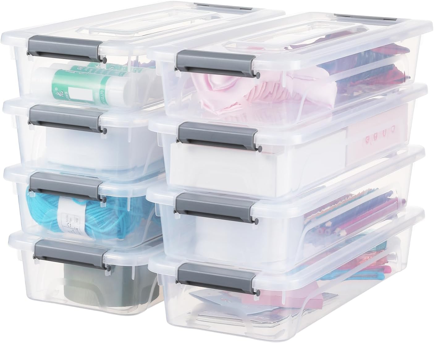 Contenedor de plástico con tapa, diseño apilable, caja de clip para manualidades, suministros y artículos de oficina (paquete de 8, 4 cuartos de