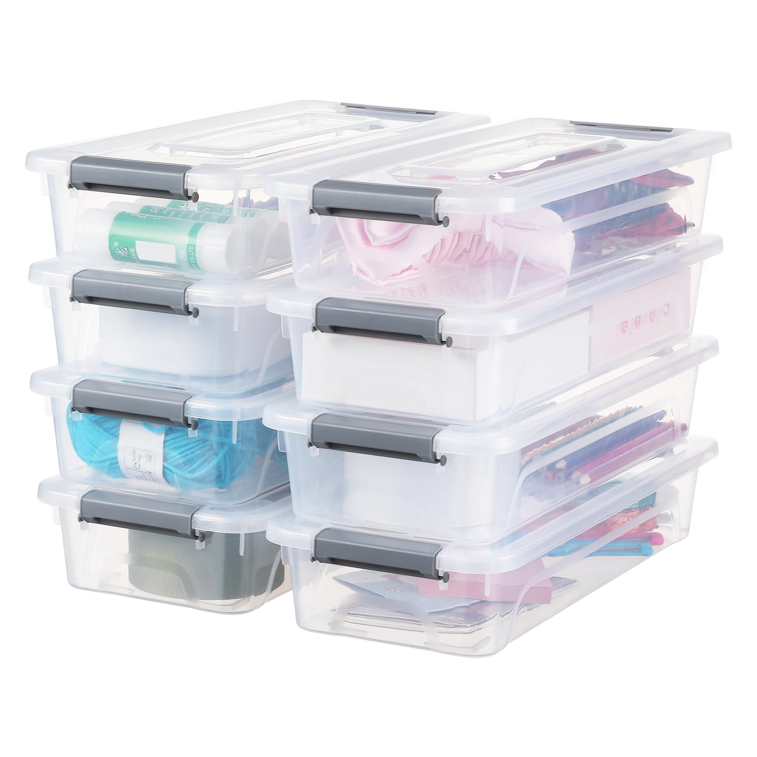 OMNISAFE Plastic Storage Bin with Lid, Stackable Design, Clip Box for Crafts, Supplies and Office Items Container (8 Pack 4 Quart)