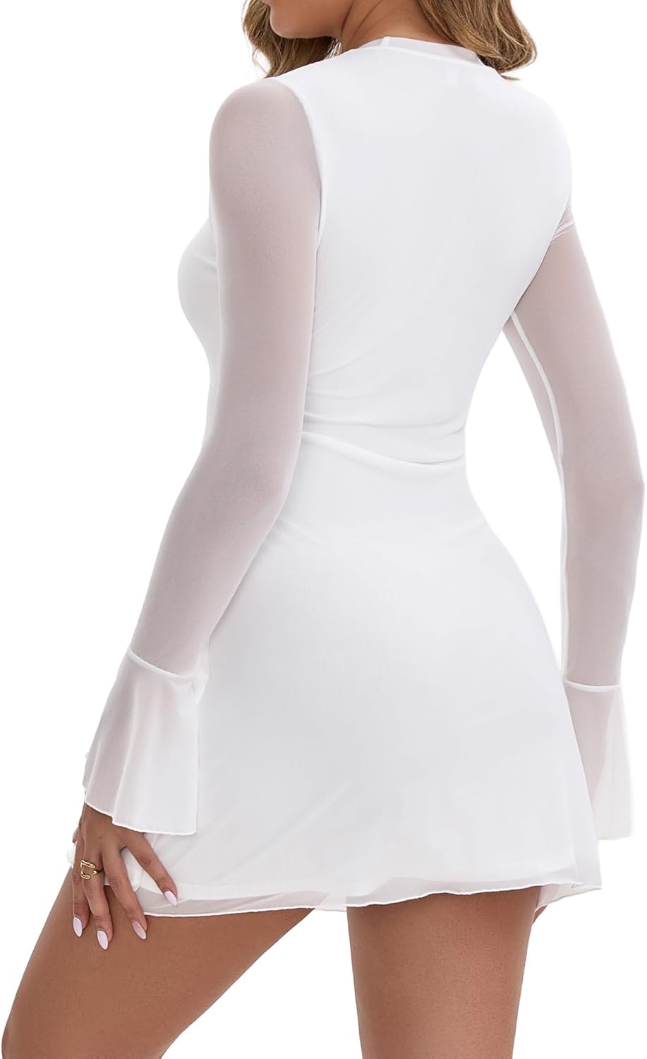 Women's Bodycon Mock Round Mini Dress Mesh Long Sleeve Club Party Dresses - Image 5