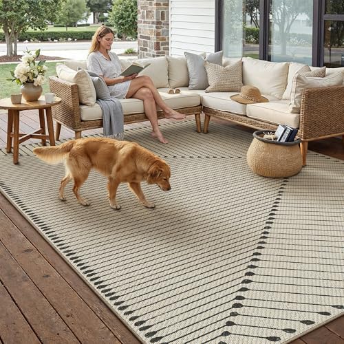 HUGEAR 6'x9' Outdoor Rug Black Geometric Waterproof Patio Rugs Linen-Look Modern Area Rug Outside Floor Mat for Camping RV Deck Porch Balcony Backyard Beach Picnic Carpet Decor
