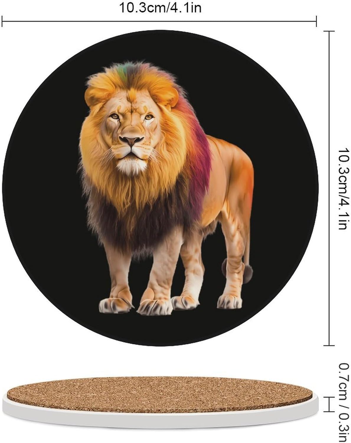 Rainbow Lion Male Round Ceramic Coasters for Drinks Absorbent Cup Holder Tabletop Protector with Cork Base