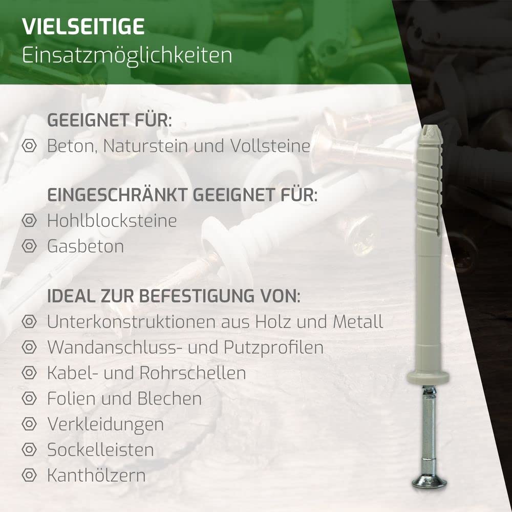 KEW 450x Tassello con Vite Con Testa Cilindrica E Vormontierter Nagelschraube - Spreiz-Dübel - Tassello IN Nylon Con Einschlagsperre - 8 X 60 MM - 450er-Pack