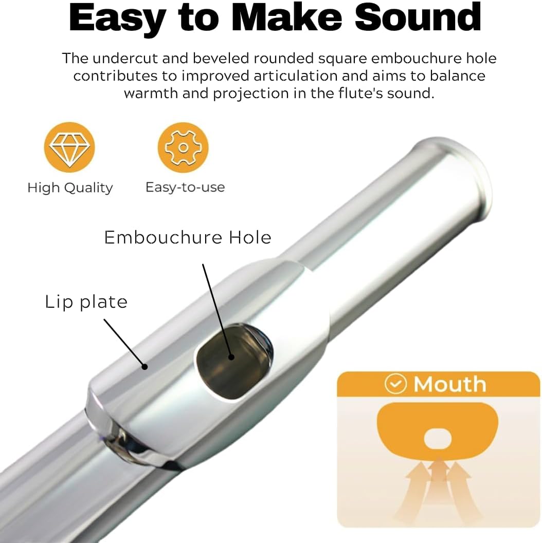 Silver Plated Closed Hole Flute, 16 Keys C Flute Perfect for Beginner School Band Students Advanced Player with Carrying Case, Stand, Gloves, Cleaning Kit, Tuning Rod and More