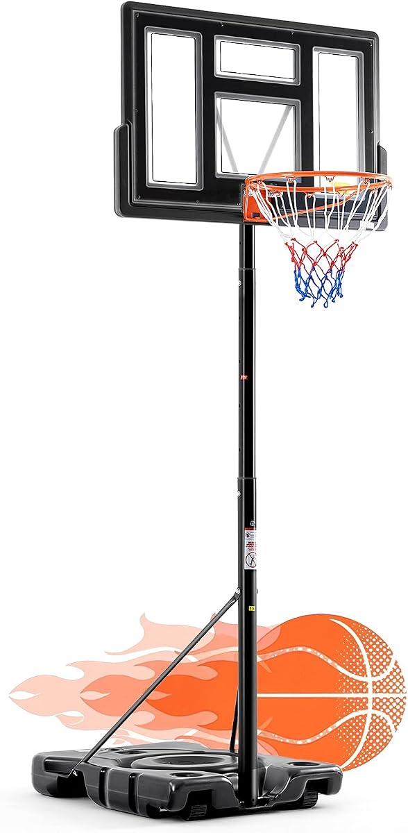 DUMOS Aro de baloncesto portátil de altura ajustable de 10 pies al aire libre para adultos, tablero irrompible de 44 pulgadas con borde absorbente de golpes, base rellenable, 2 ruedas para piscina/interior