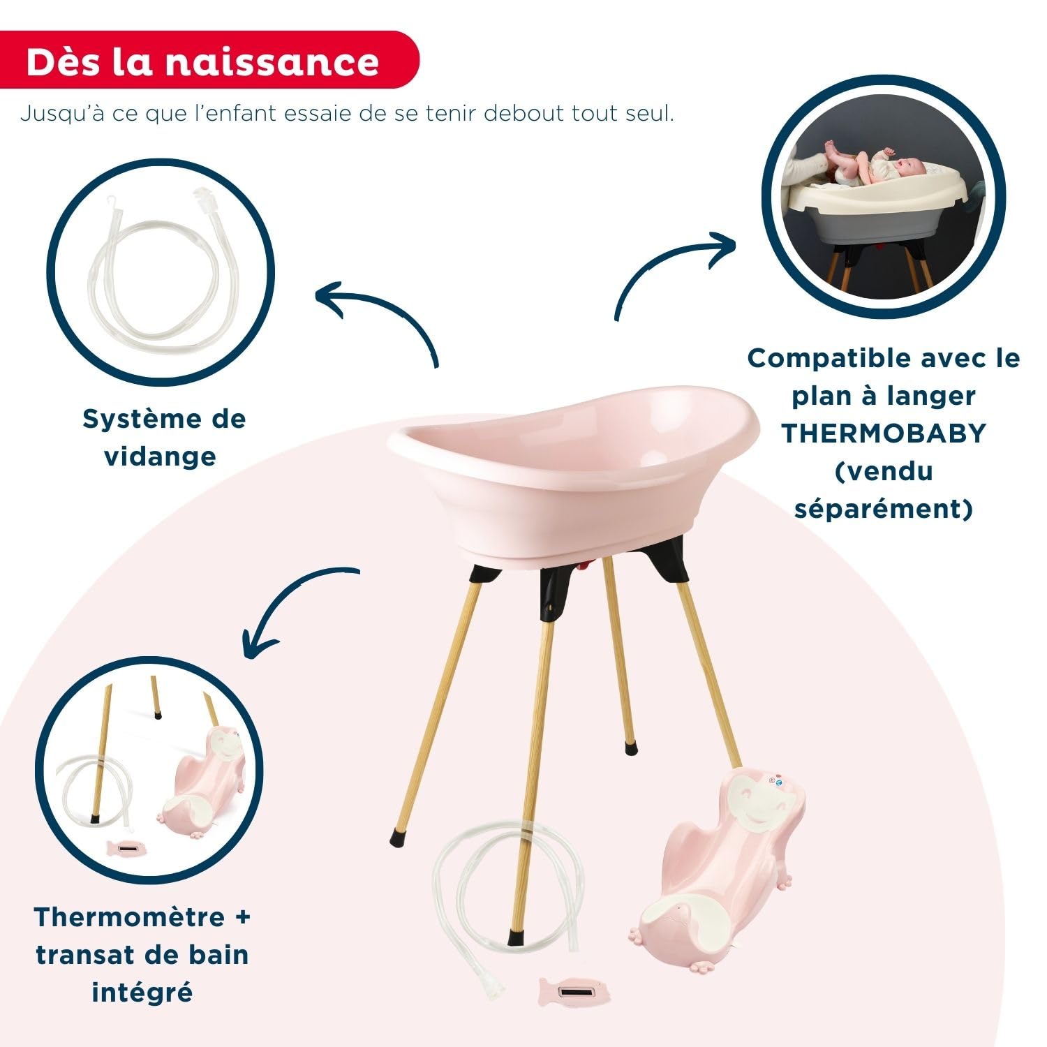 THERMOBABY - Pack baignoire bébé VASCO 5 en 1 - Baignoire, pied en bois, tuyau de vidange, transat de bain, thermomètre - Rose Poudré - Pliable & stable - Fabriqué en France