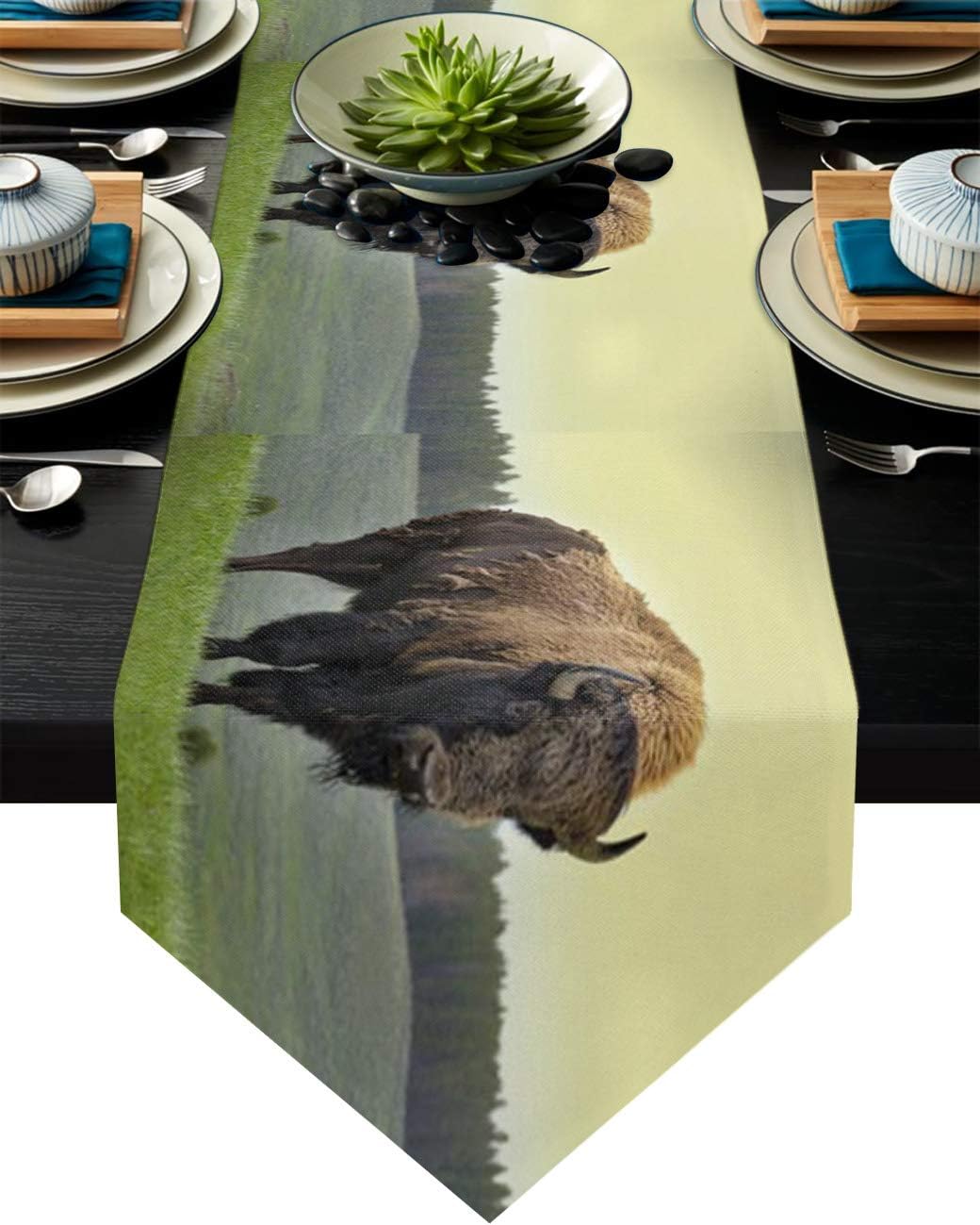 CyCoShower Non-Slip Burlap Table Runners African Yellowstone Natioal Park Brown Bison and Trees Dining Table Runner for Dinner Kitchen Table Outdoor & Indoor Party 13x70 inch