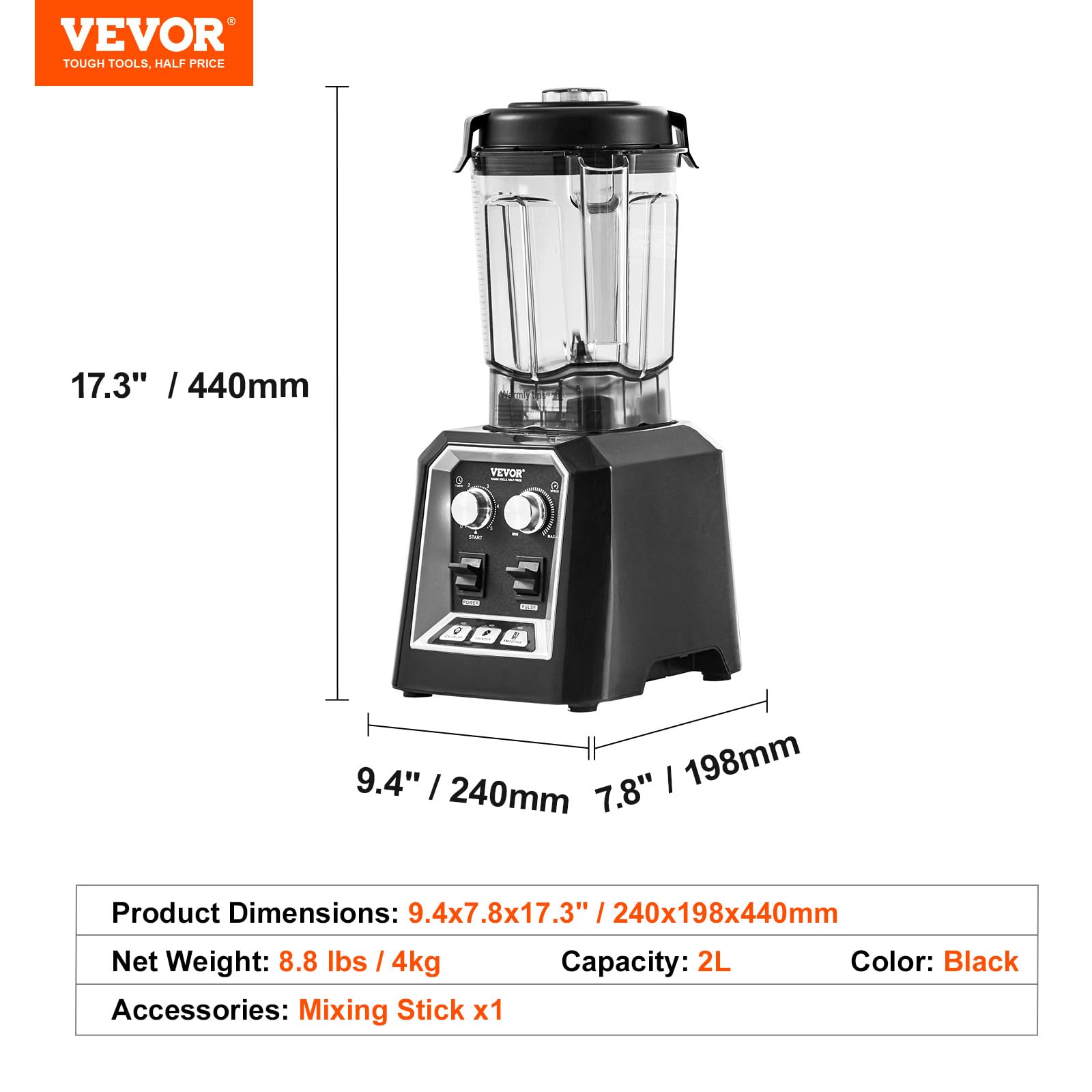VEVOR Licuadora Profesional de Mostrador, Licuadora Combinada con Jarra 68 oz, 3 Funciones, Acero Inoxidable, para Bebidas Congeladas, Batidos, Licuados, Negro, 240 x 198 x 440 mm, 2 L