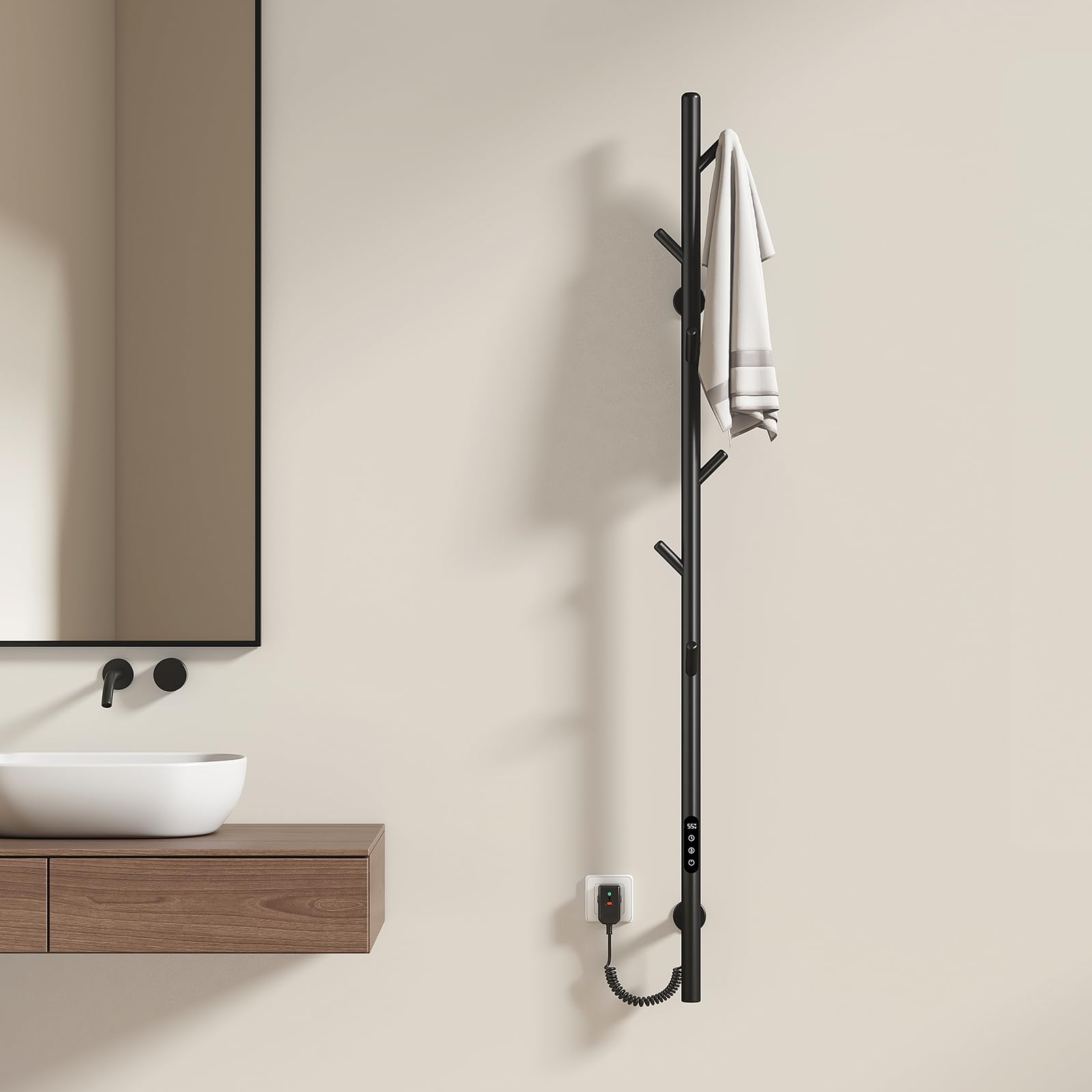 EMKE Toallero Eléctrico de baño, Diseño de toallero eléctrico con Barra, Control de Temperatura Inteligente, toallero Calefactor con 6 Ganchos, Negro