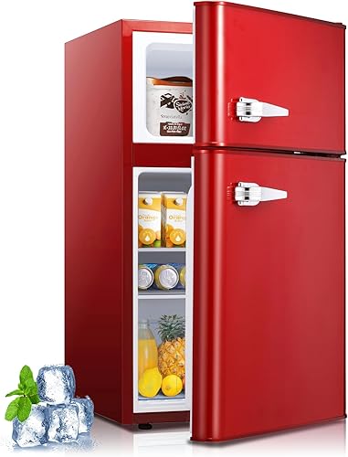 Kismile Mini refrigerador con congelador, mini refrigerador compacto de 3.2 pies cúbicos con doble 2 puertas, temperatura ajustable, tamaño completo