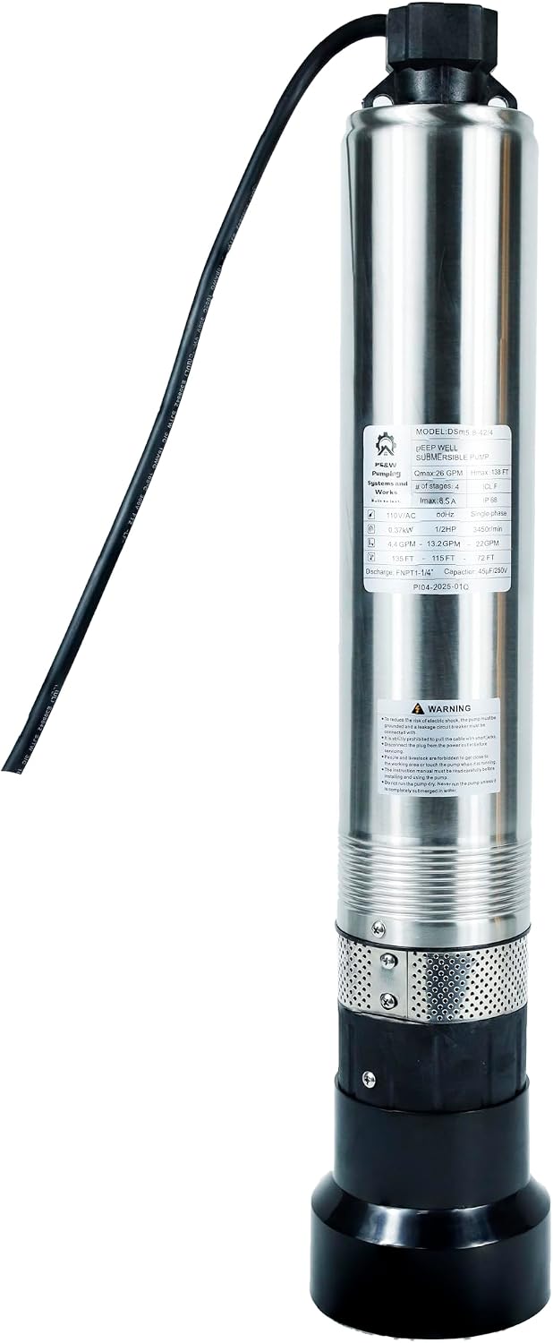 PS&W 4" Septic Pump Submersible Effluent/Cistern Bottom Suction with 66FT Cable,1/2HP,115V/60HZ,26GPM,138FT Head,Stainless Steel