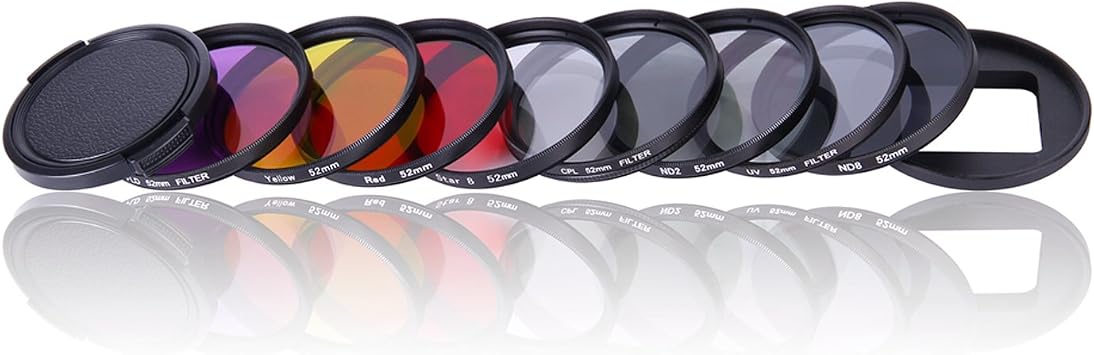 Accessories Kit for GoPro Hero 7 Black/2018/Hero 6 Black/5 Black - Professional 52mm Lens Filter Set CPL + UV + ND2 + ND8 + Star 8 + Red + Yellow + FLD/Purple + Adapter Ring + Lens Cap