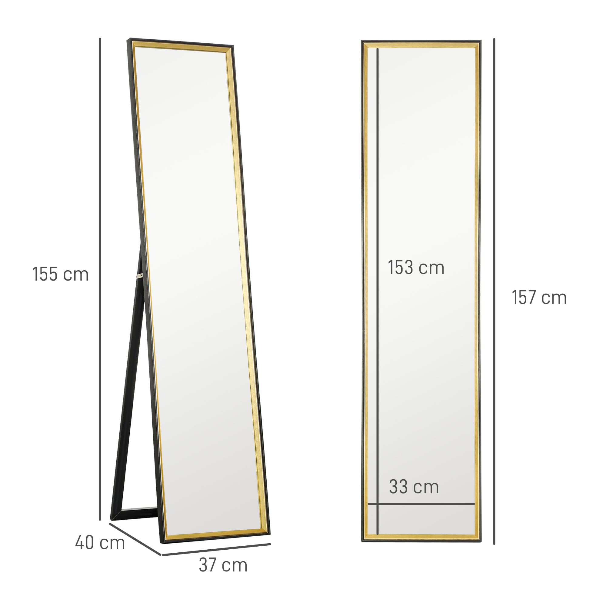 HOMCOM Specchio da Terra a Figura Intera con Supporto Posteriore e Cornice, Specchio da Parete in MDF e Vetro con Pellicola Protettiva Antisfondamento, 37x3x157 cm, Nero e Oro