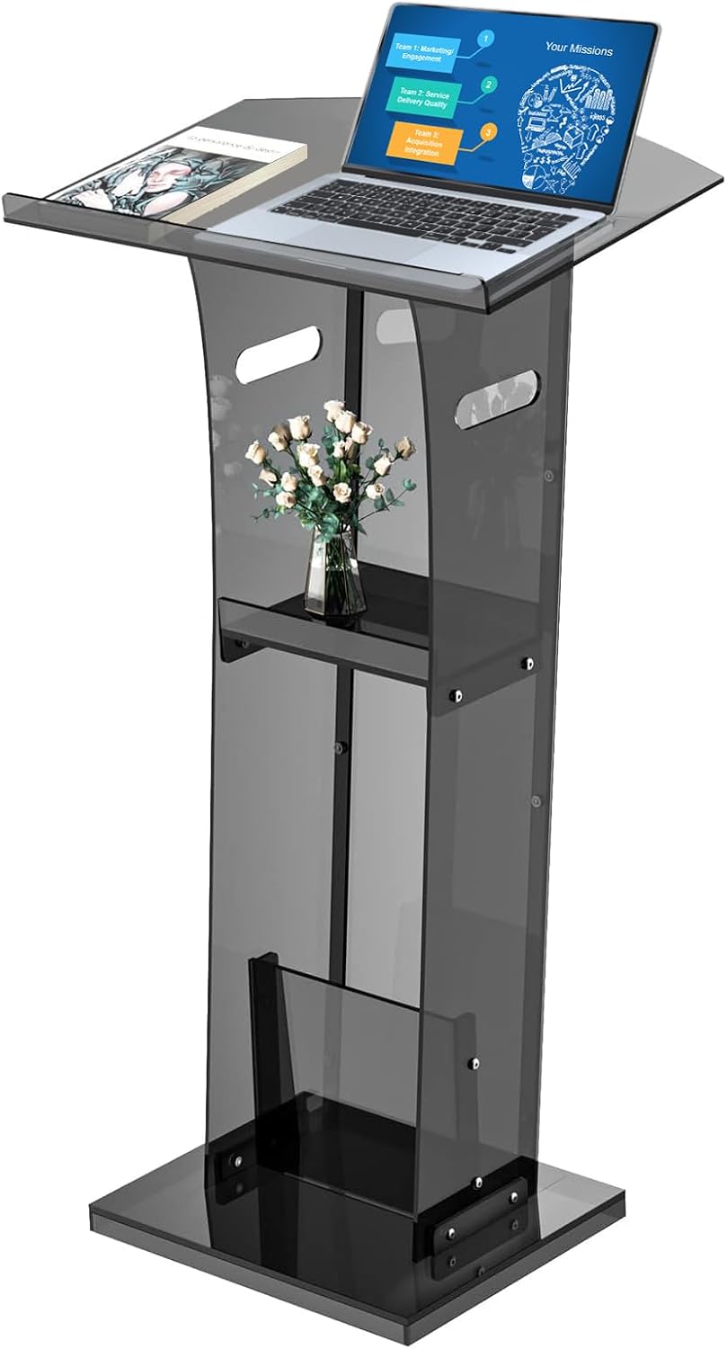 KSacry Acrylic Clear Black Podium Stand with Storage Shelf
