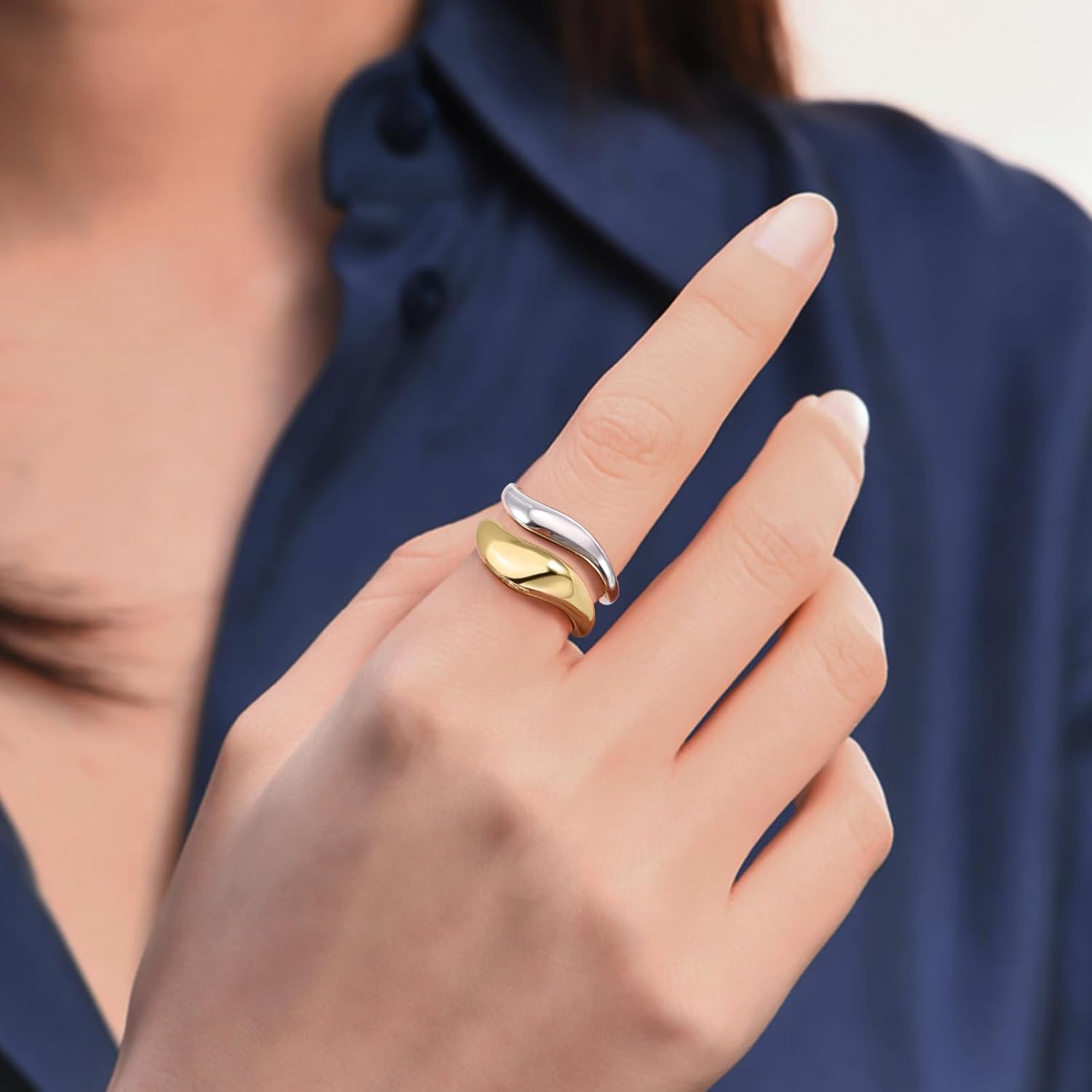 Stackable Wave Rings for Women Chunky Wavy Dome Gold and Silver Two Tone Ring Dainty Curved Pinky Gold Plated Mixed Metal Band Waterproof Rings Size 4-9 - Image 5