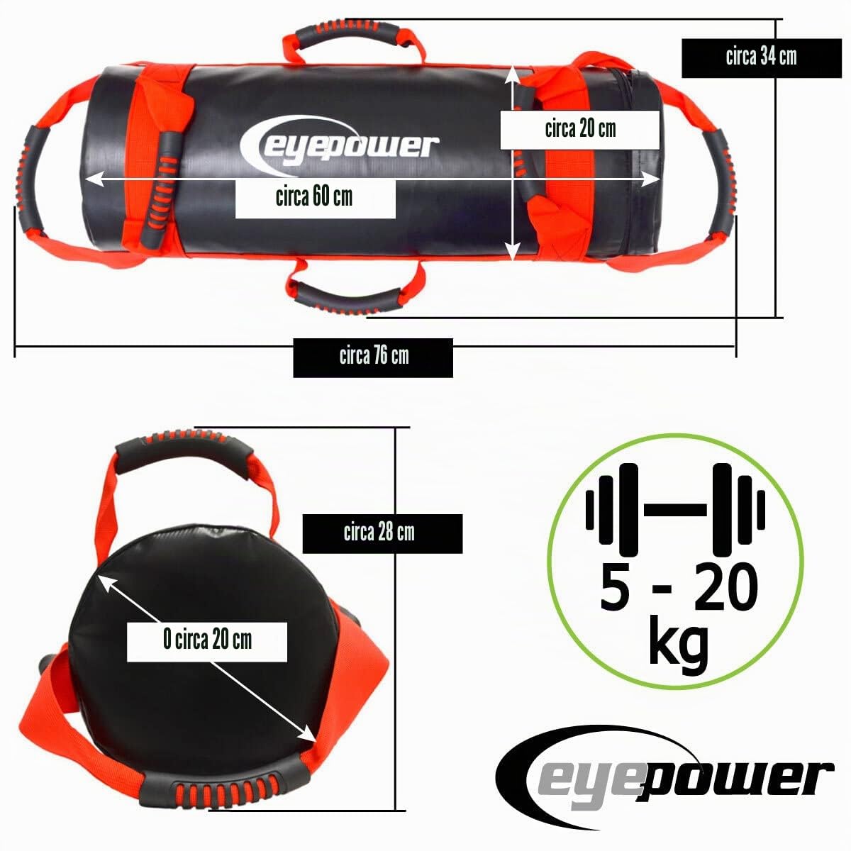 EYEPOWER 20kg Power Bag + 4 Pesi Kettlebell con Sabbia di Ferro - 6 Maniglie Fitness Sandbag per Allenamento Forza - 20x60 Borsa del Peso - Sand Bag per Sport in Casa - Attrezzi Palestra Box Squat