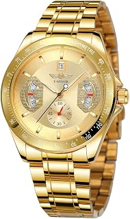 Sportliche goldene automatische mechanische Uhren für Herren, Multifunktionszifferblatt, Datumsanzeige, Leuchtzeiger, Luxus-Edelstahl-Armbanduhr