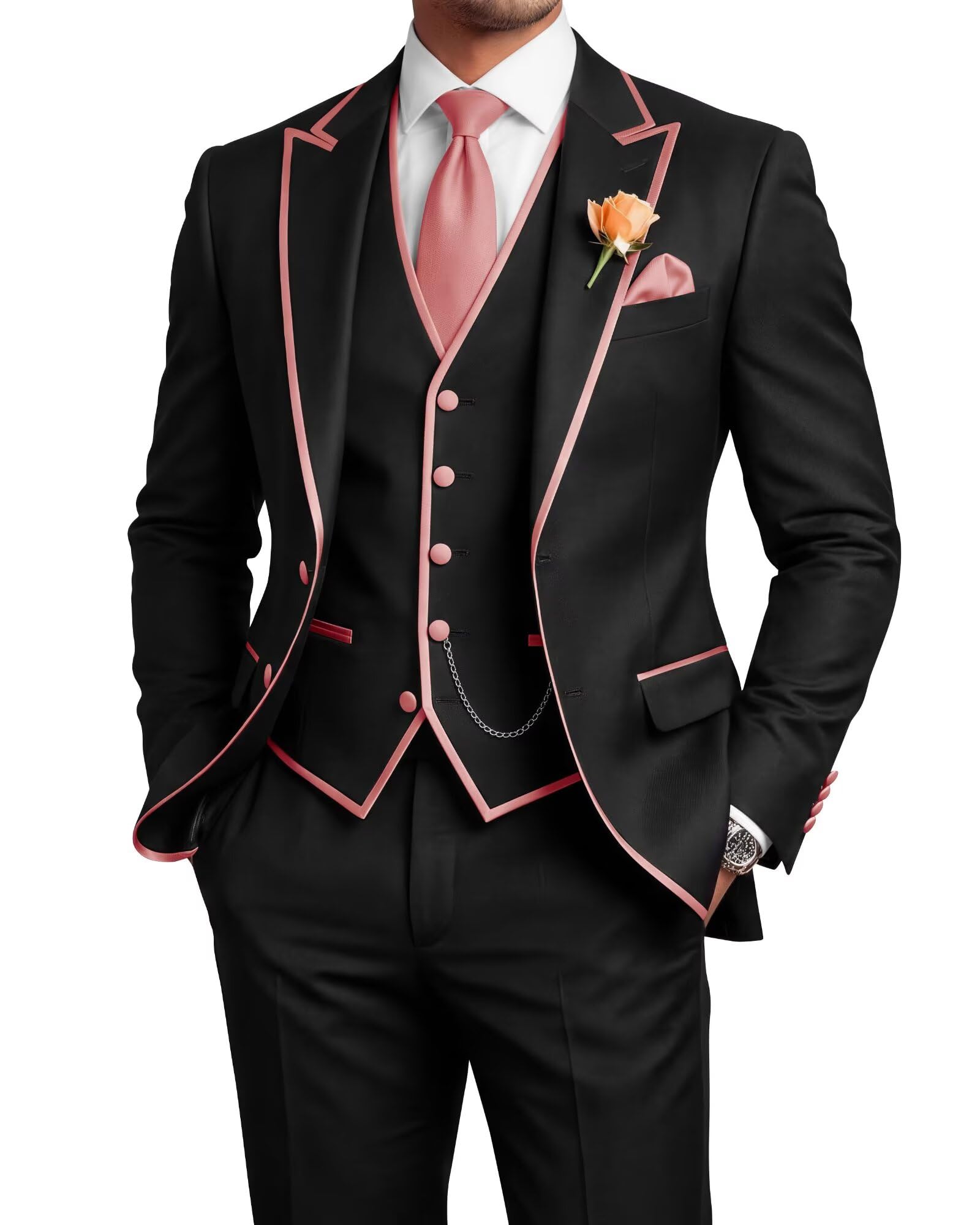 Men's 3 Piece Tuxedo for Men Slim Fit Black Wedding Suits for Groom Groomsman Prom Graduation Jacket Vest Pants