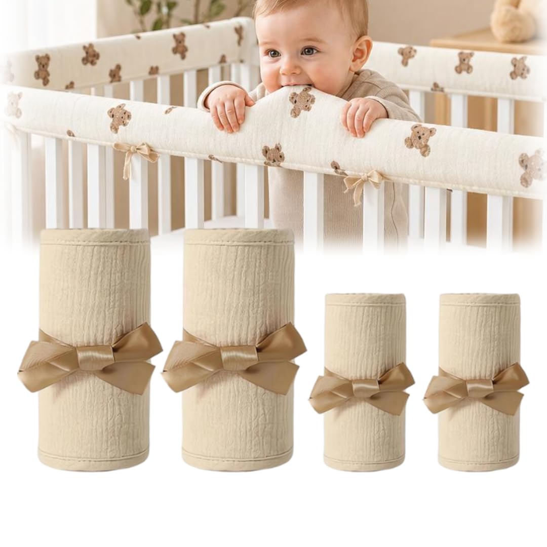 4PCS Crib Rail Cover for Teething,Furniture Edge Protector for Nursery Bed,Tollder Proofing Edge Protector,Corner Bed Rail Bumpers for Furniture,Teething Pad Set for Front and Back Rails