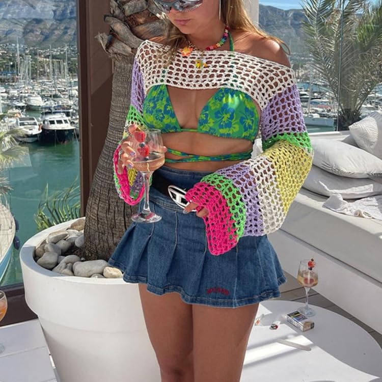 Image of Womens Crochet Shrug Y2K Hollow Out Bolero Shrug See Through Cropped Knit Sweater Top