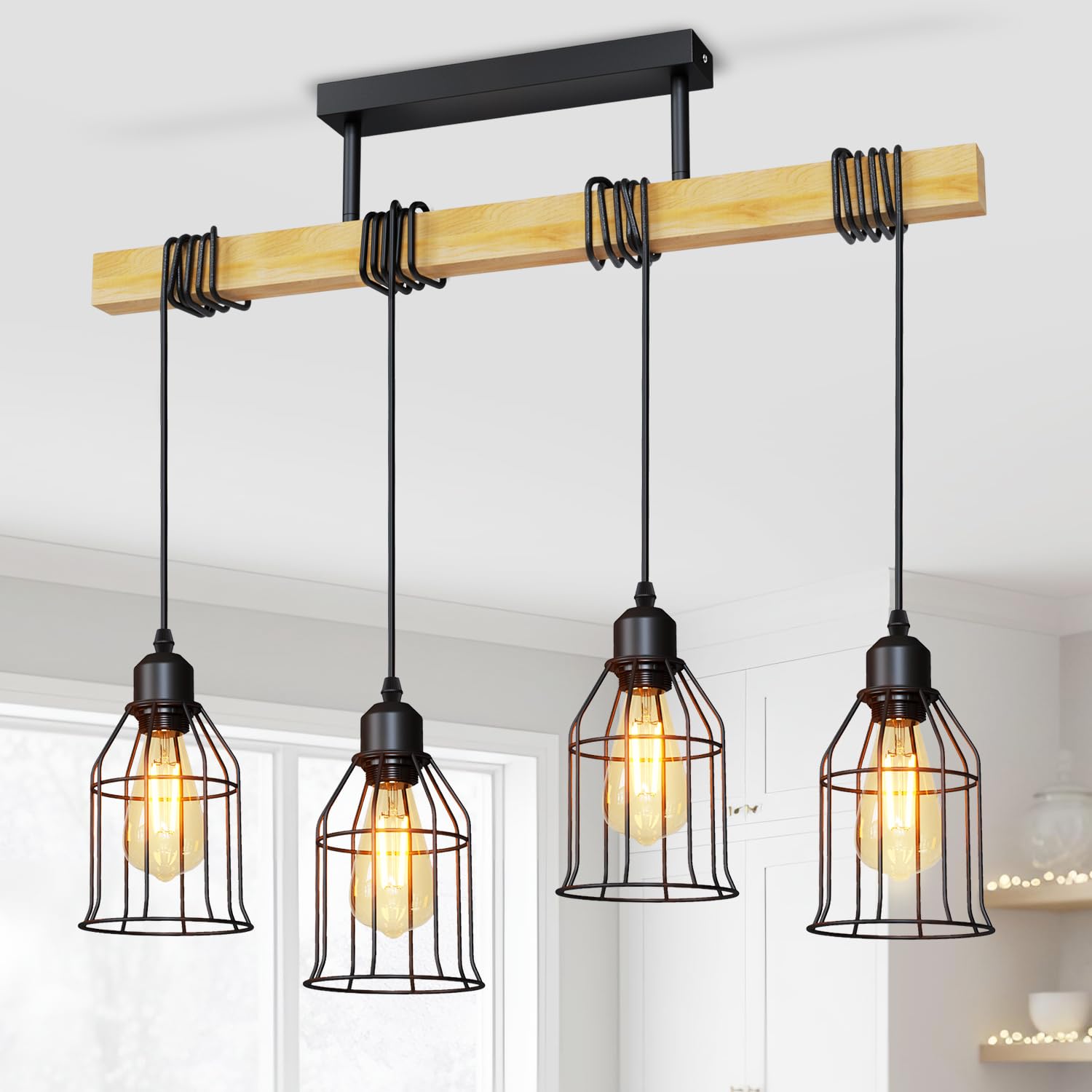 LVWIT Esszimmerlampe Hängend 4 Flammig Schwarz, Hängelampe Esstisch E27, Vintage Pendellampe Holz Schwarz Deckenleuchte für Küche, Wohnzimmer, Schlafzimmer, Flur, Restaurant (ohne Glühbirne)