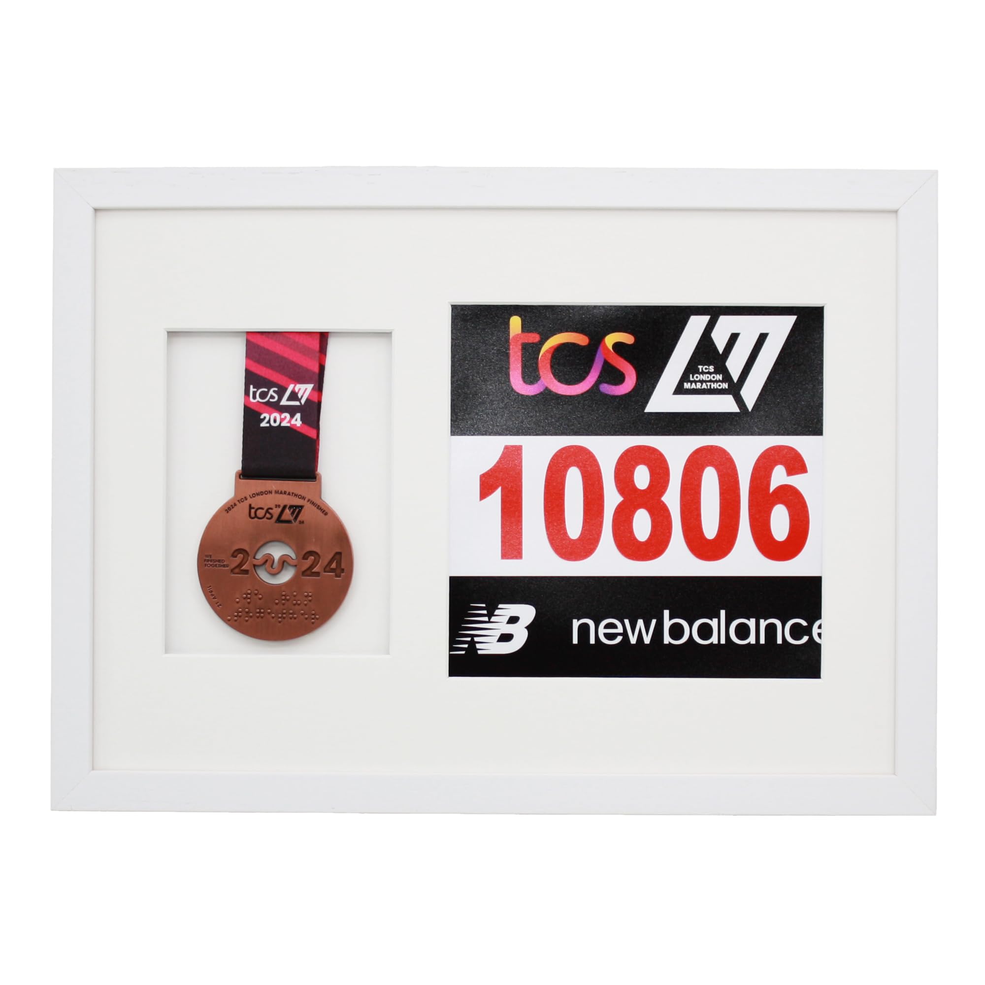 Marathon Medal Display Frame. Designed to showcase a running medal and a 20x20cm sized race number (White Frame - White Mount)