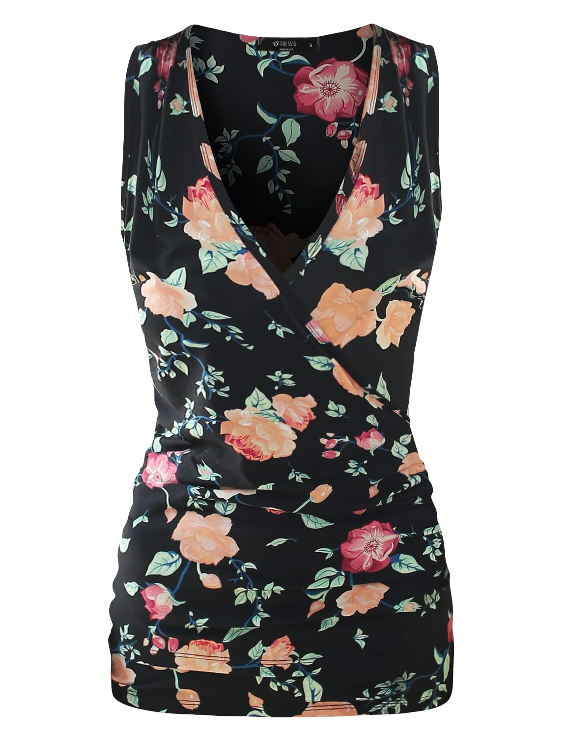 DOUBLJUSleeveless Satin Ruched Hem Tank Tops Deep V Neck Tops Casual Basic Wrap Style T Shirts for Womens with Plus Size