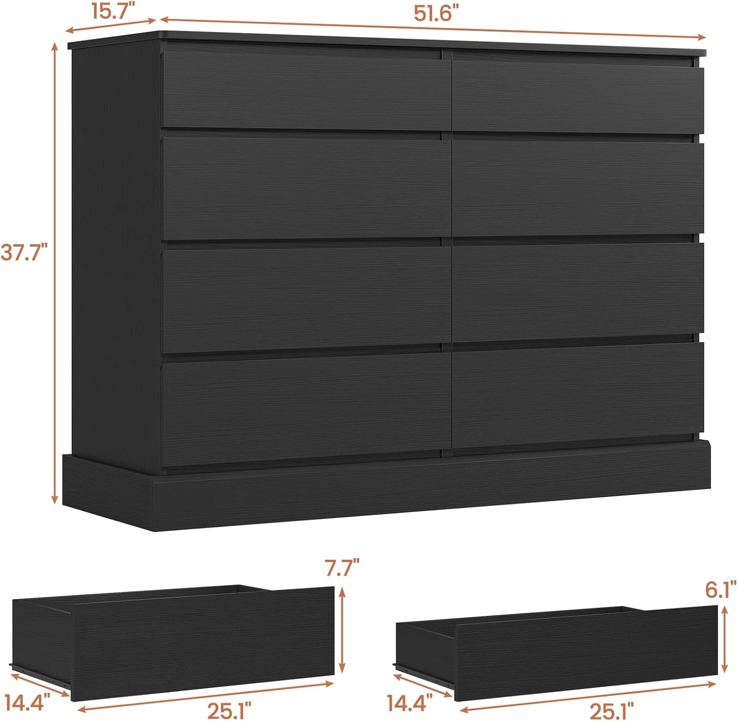 DICTAC 8 Drawers Dresser for Bedroom, Black Large Chest of Drawers, Long Modern Double Dressers, Big Clothing Storage Organizer Closet with Ample Space, 51.6''L x 15.7''D x 37.7''H