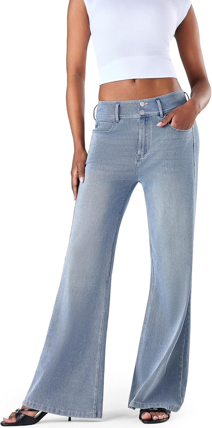 Fanica Women's High Waisted Wide Leg Jeans, Stretchy Flare Leg Relaxed Fit Denim Pants
