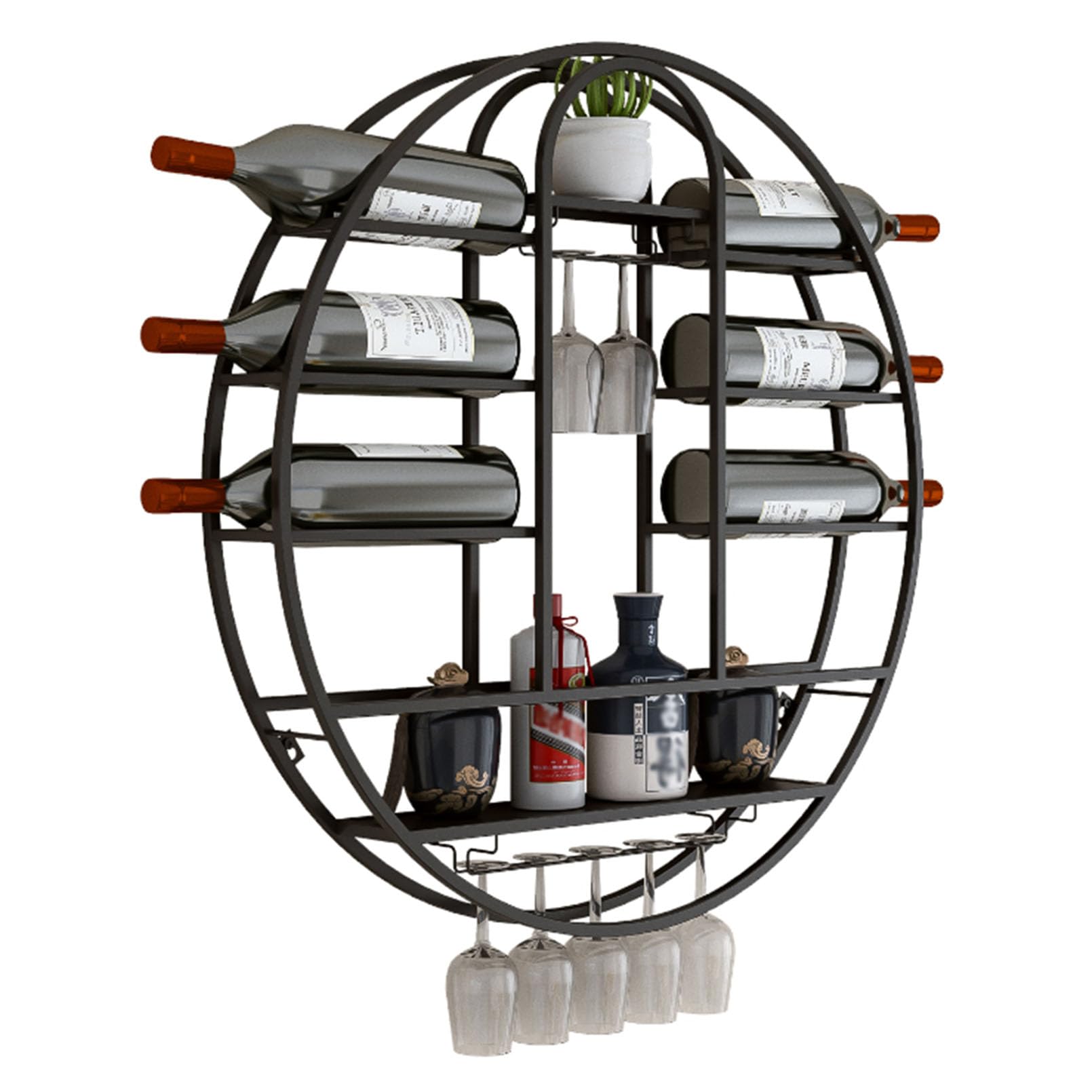 Étagère à vin murale ronde industrielle avec porte-verre pour bar