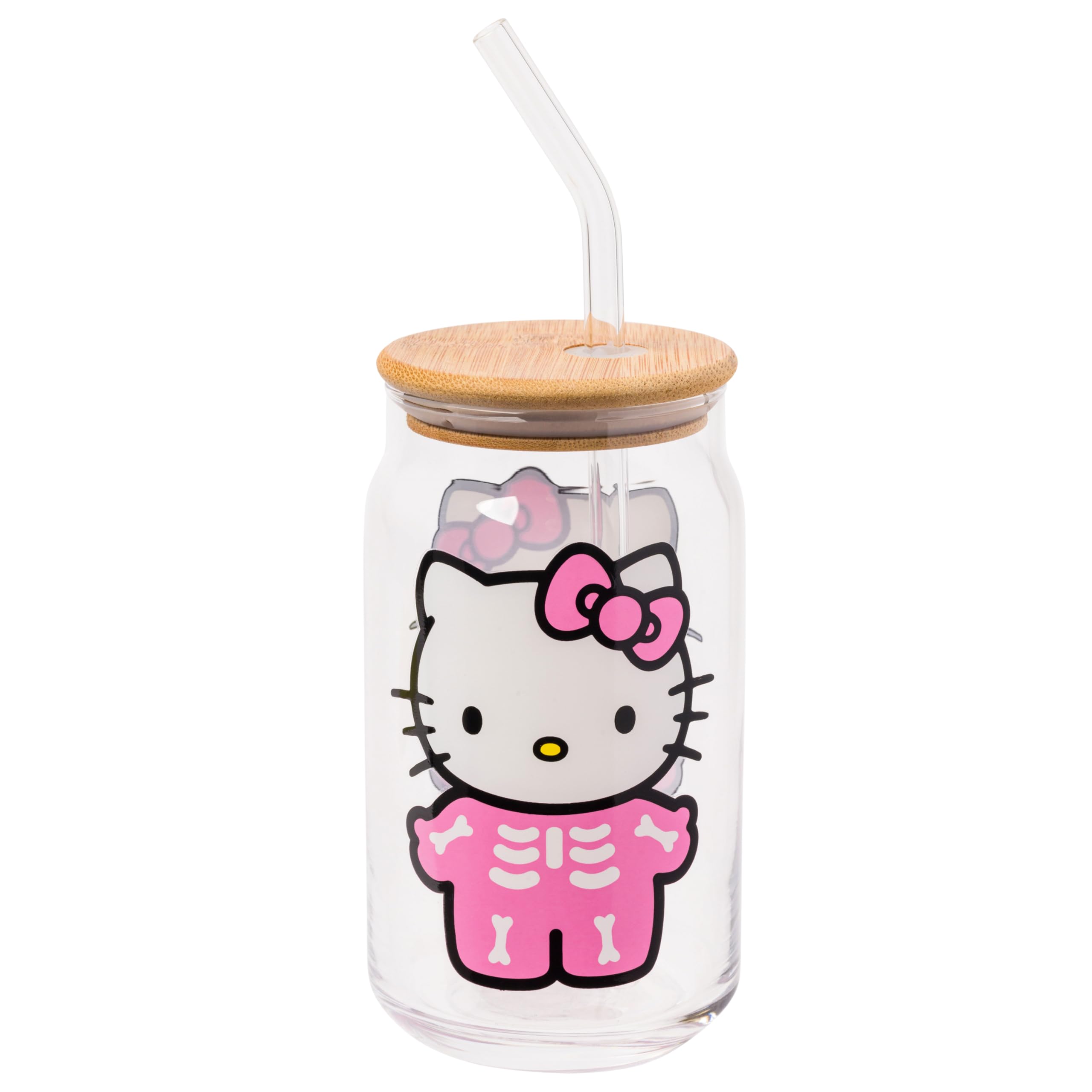 Silver Buffalo Sanrio Hello Kitty Halloween Spooky Skeleton Glass Jar Tumbler with Bamboo Lid and Glass Straw, 16 Ounces