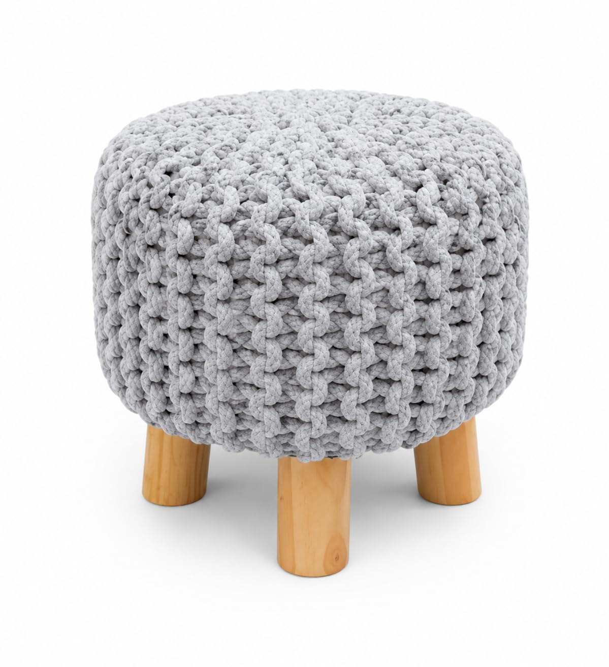 Chunky Knit Round Stool with Wooden Legs, Grey Rope Woven Footrest, Boho Style Ottoman-image-34