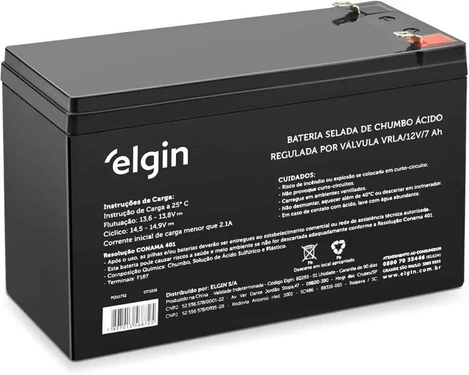 Bateria Selada de Chumbo VRLA Elgin - 12V 7Ah