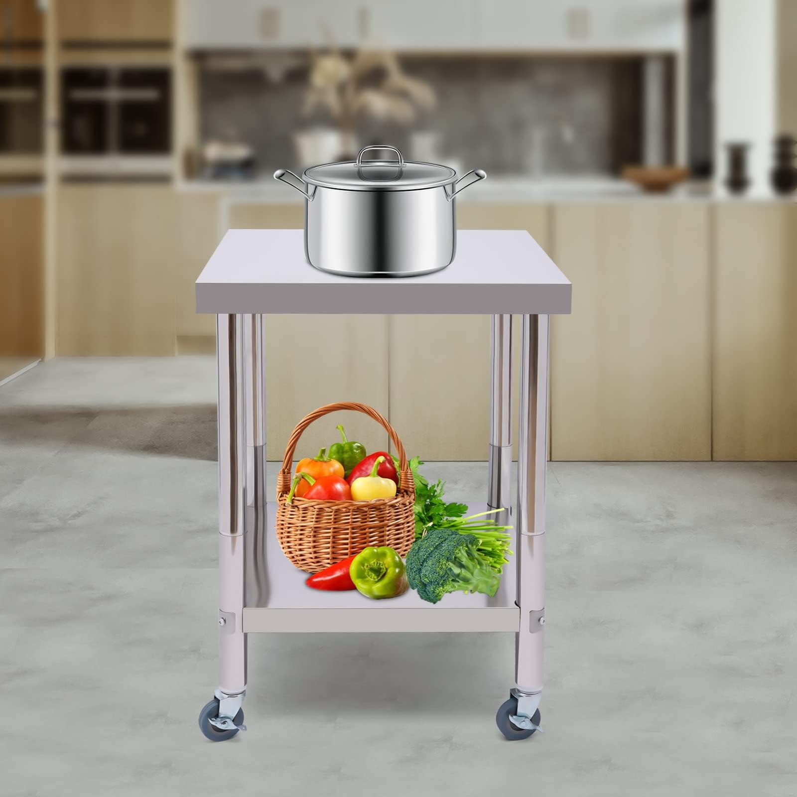 Mesa de trabajo de 2 niveles, 60 x 60 cm, de acero inoxidable, con ruedas, mesa de trabajo, cocina, cocina, bar, restaurante