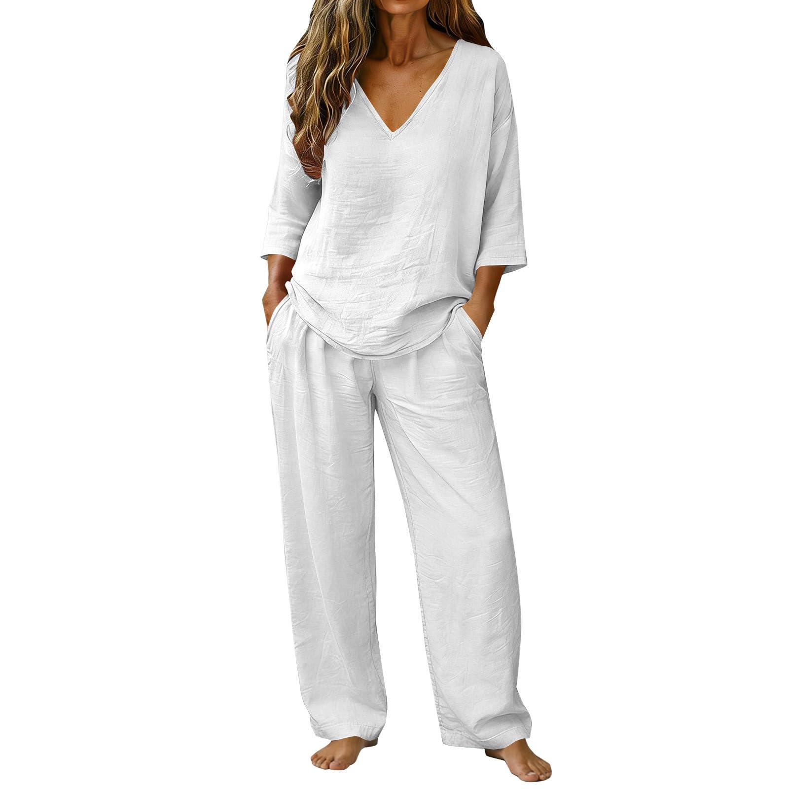 Conjunto de lino de mujer con blusa elástica y pantalón de pierna ancha de alta caída 8