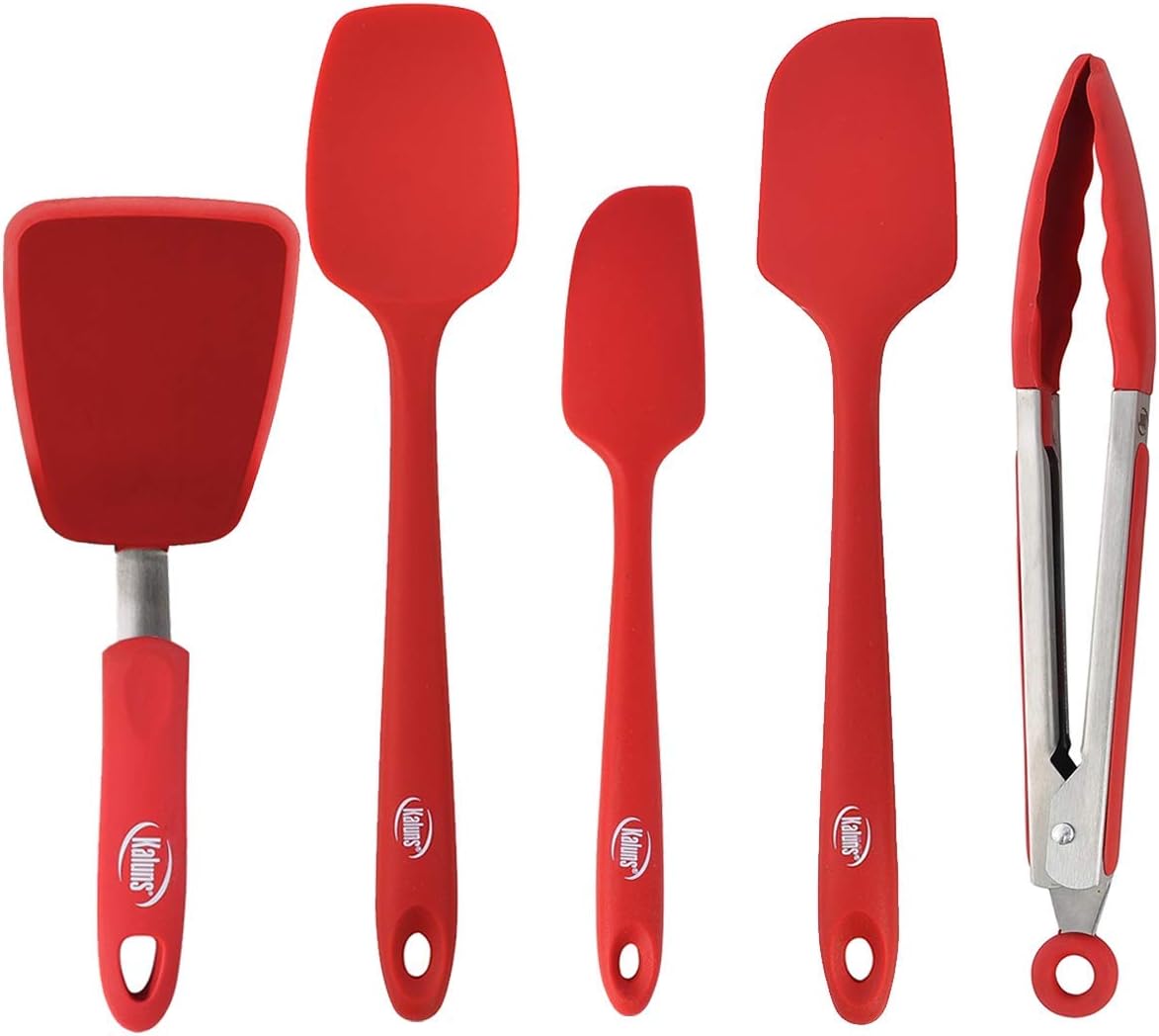 Kaluns5-Piece set Includes 3 Silicone Spatulas 1 Turner and 1 9" Tong Kitchen Tools Best for Cooking,Baking and Mixing, Strong Stainless steel core design Non-stick and 600F Heat resistanT