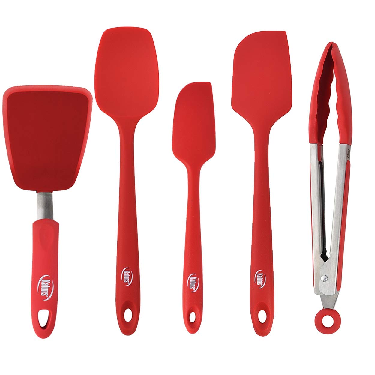 Kaluns5-Piece set Includes 3 Silicone Spatulas 1 Turner and 1 9" Tong Kitchen Tools Best for Cooking,Baking and Mixing, Strong Stainless steel core design Non-stick and 600F Heat resistanT
