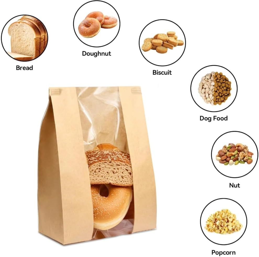 PAICUIKE 100 Pack Large Kraft Paper Bread Bags for Homemade Bread Sourdough Bags 13.7" x 8.2" x 3.5" with Tin Tie Tab Lock Clear Front Window Bakery Bag Packaging Cookie Bag with Label Seal Stickers