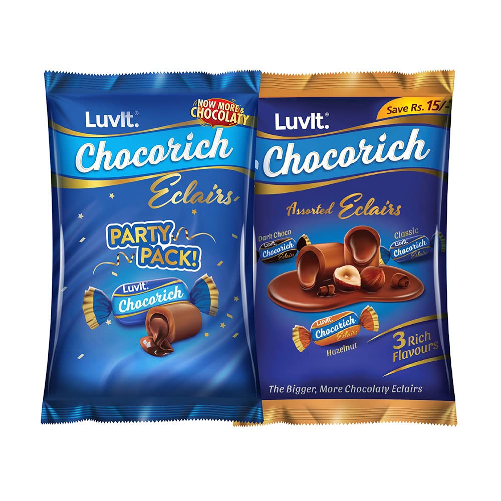 LuvIt. Chocorich Assorted Eclairs | Birthday Party Pack | Hazelnut, Dark Choco, Chocolate Eclairs Candies | Pack of 2-870 g