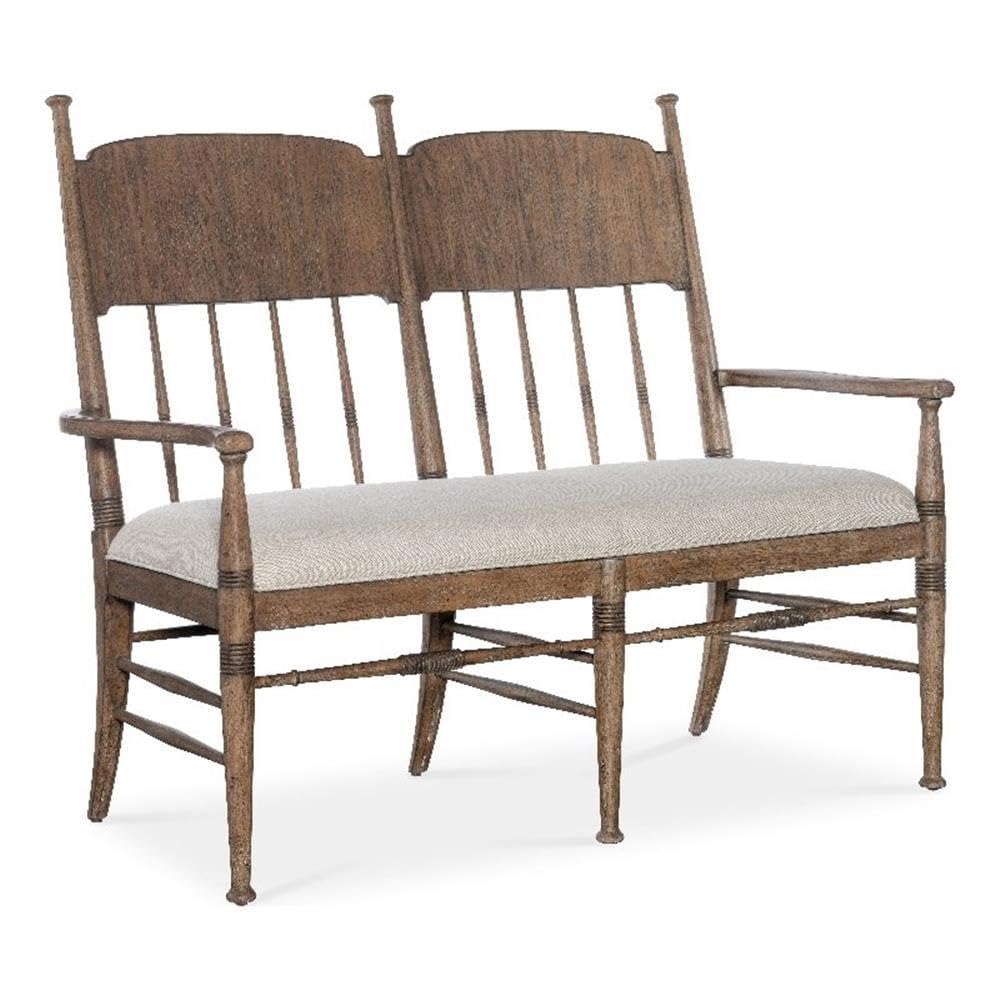 BOWERY HILL Modern Wood Dining Bench, Beige Fabric Seat with Welt Trim, Spindle Back Design, Honey Distressed Oak Finish, 50 in Width, Versatile Kitchen or Dining Room Seating.