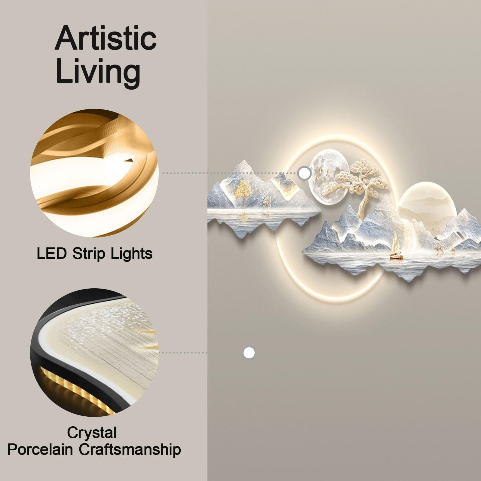 3D-LED-Wandkunst – Luxuriöse Kristallporzellan-Landschaftskunst – Elektrisch betriebene Skulptur – Moderne dekorative Kunst für Wohnzimmer und Hotels (B, 53 x 150 cm / 20,9 x 59,1 Zoll)