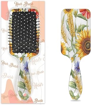 Hair Brush for Women - Cushion Massage Detangler Brush with Flower Sunflower Popies Pattern, Anti-Static Smoothing Hairbrush for Wet/Dry Hair