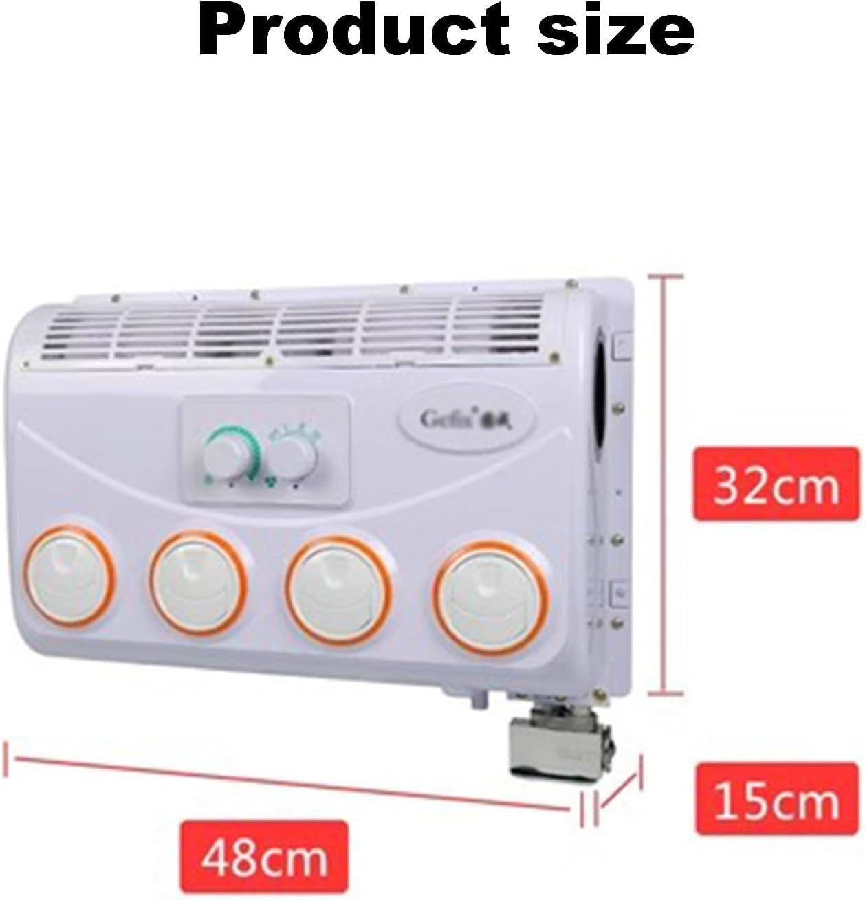MOXAC RV Air Conditioner indoor unit with dimensions labeled: 48cm width, 32cm height, 15cm depth