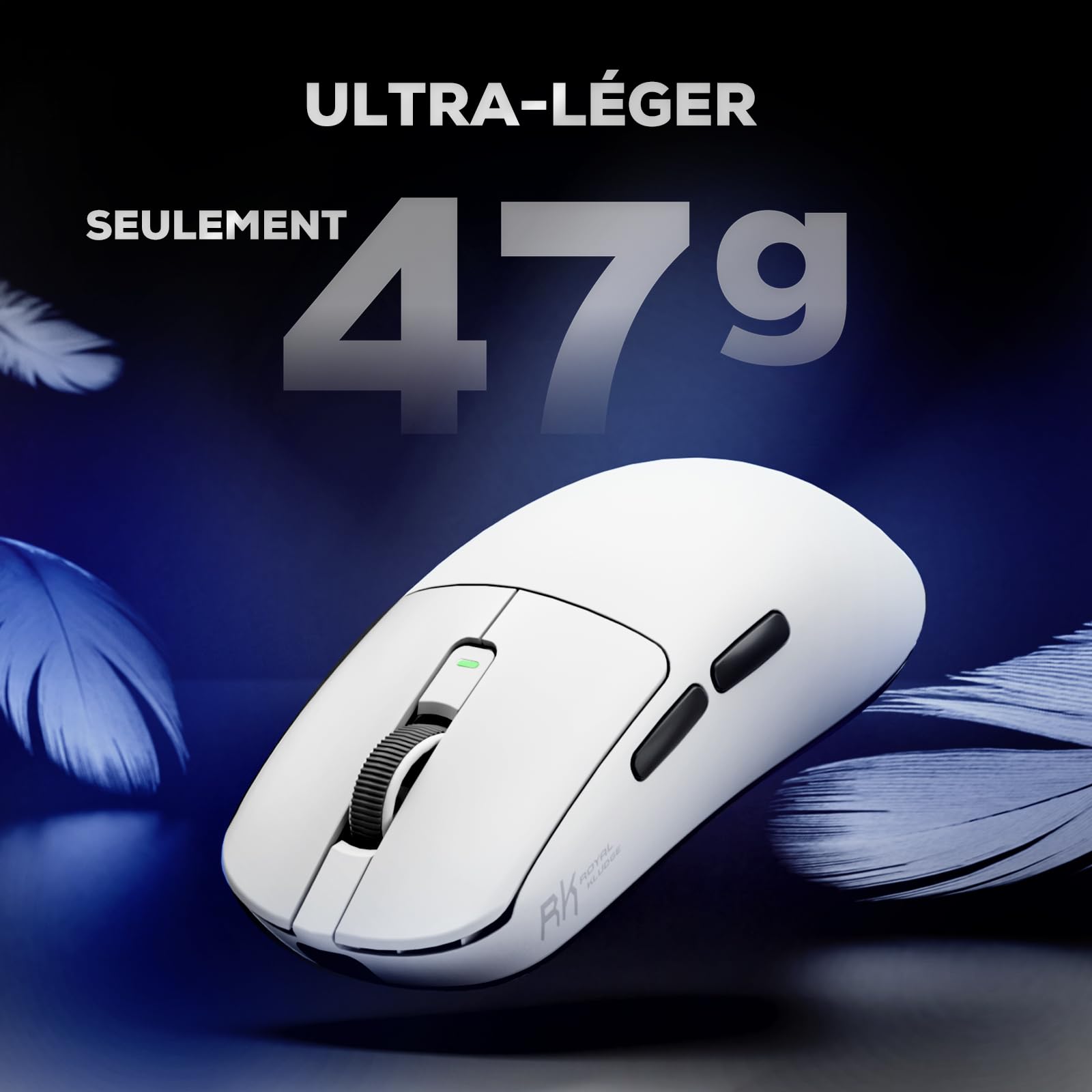 RK ROYAL KLUDGE M3 Souris Sans Fil 47g Ultra-Légère avec Capteur de Haute Précision PAW3950, Souris Gamer 3 Mode (BT / 2.4G / USB-C), 30K DPI, 6 Adjustable, Batterie 650mAh, Confort Ergonomique, Blanc