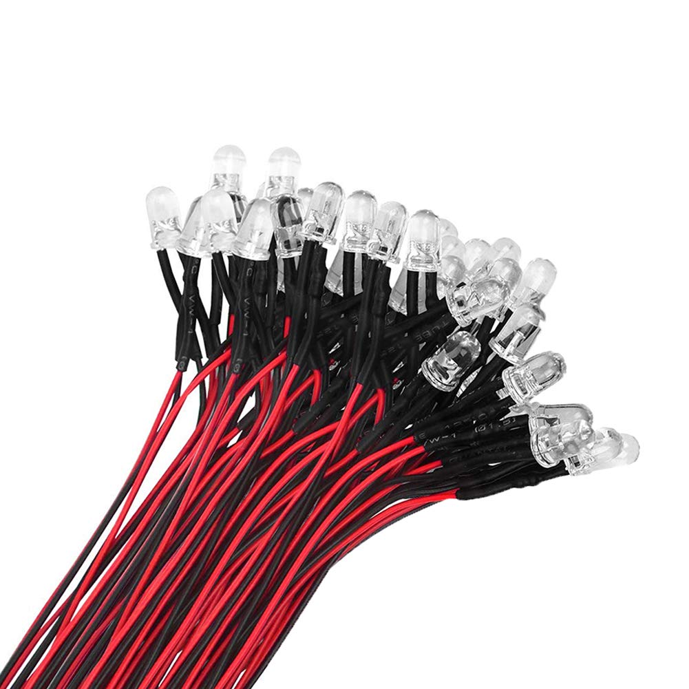 YIXISI 50 PCS 5mm LED الثنائيات الخفيفة ، فائقة السطوع 12V 20cm سلكي مسبق ، أحمر