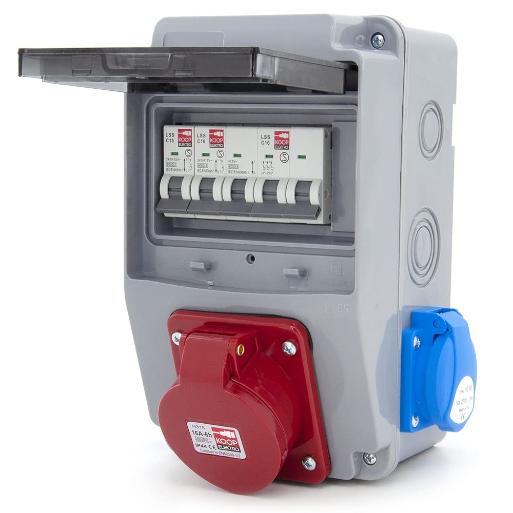 6 moduli distributori di corrente da parete, scatola di distribuzione con 2 x 230 V Schuko + interruttore di protezione del condotto, 2 x LS, 1 x CEE 16 A + LS, cablato, pronto per il