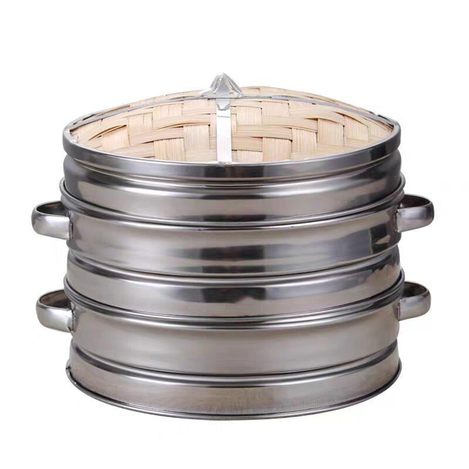 Set per cottura a vapore in bambù, cestino a 2 livelli in acciaio inox con coperchio, per uso domestico e commerciale